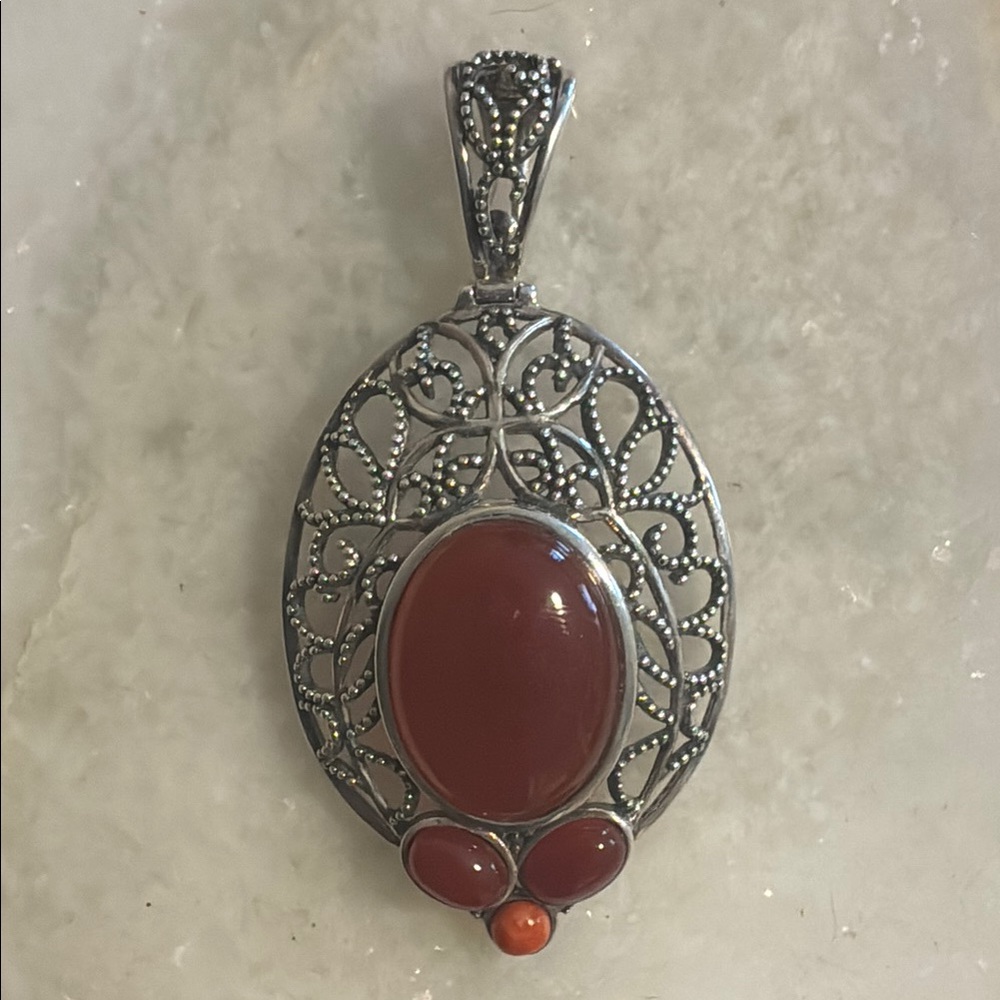 Carnelian & Coral Cabochon Filigree Pendant Clip Clasp 925 Sterling Silver